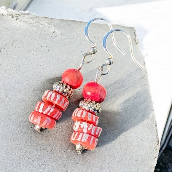 Handcrafted Red striped sand cast glass & wood Earrings - Picture 3 of 16